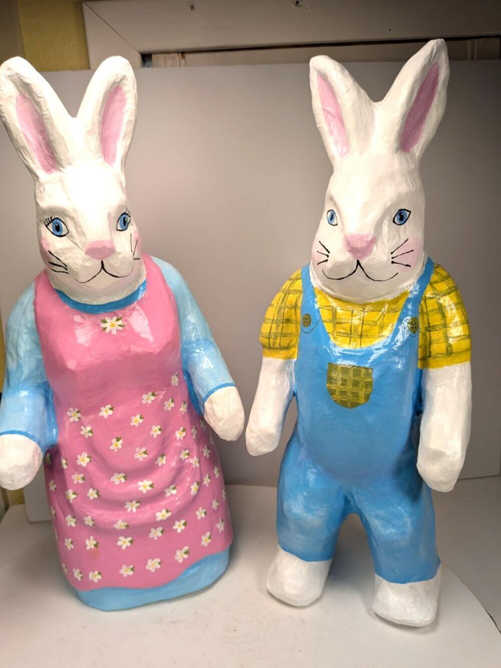 Vintage Style Hand-Painted Paper Mache Rabbit Figurine Pair - 17" Tall - Easter